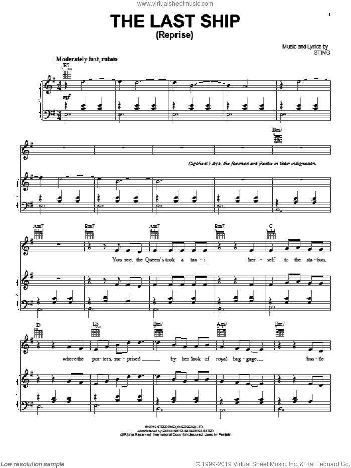 The Last Ship (Reprise) sheet music for voice, piano or guitar by Sting, intermediate skill level