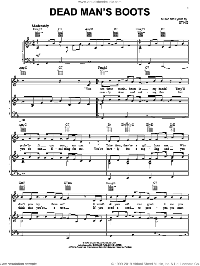 Dead Man's Boots sheet music for voice, piano or guitar by Sting, intermediate skill level
