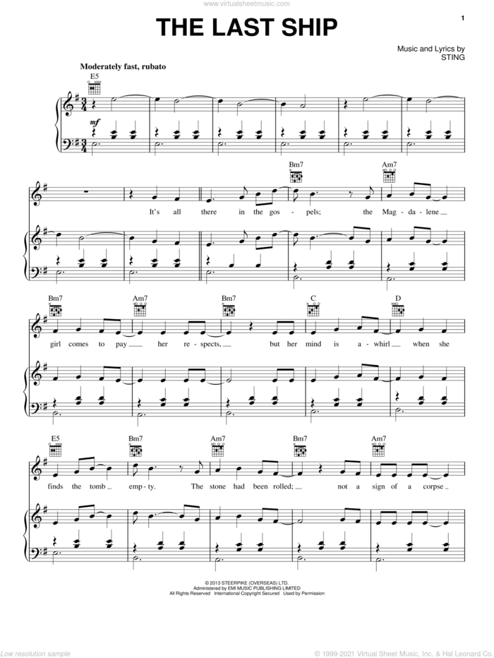 The Last Ship sheet music for voice, piano or guitar by Sting, intermediate skill level