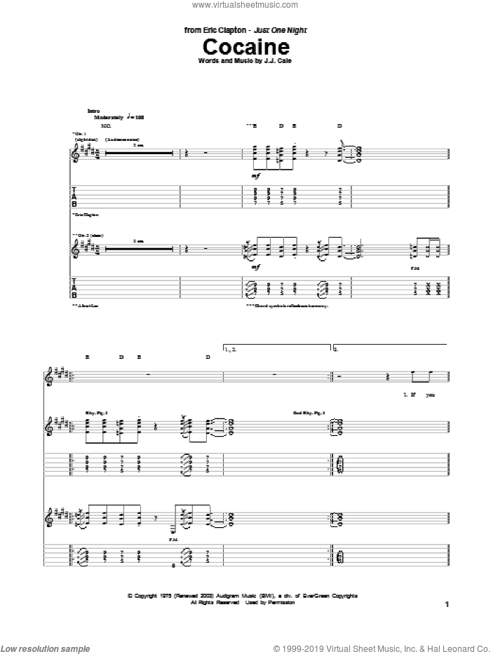 Cocaine sheet music for guitar (tablature) by Eric Clapton and John Cale, intermediate skill level