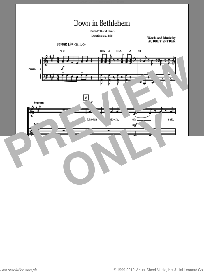 Down In Bethlehem sheet music for choir (SATB: soprano, alto, tenor, bass) by Audrey Snyder, intermediate skill level