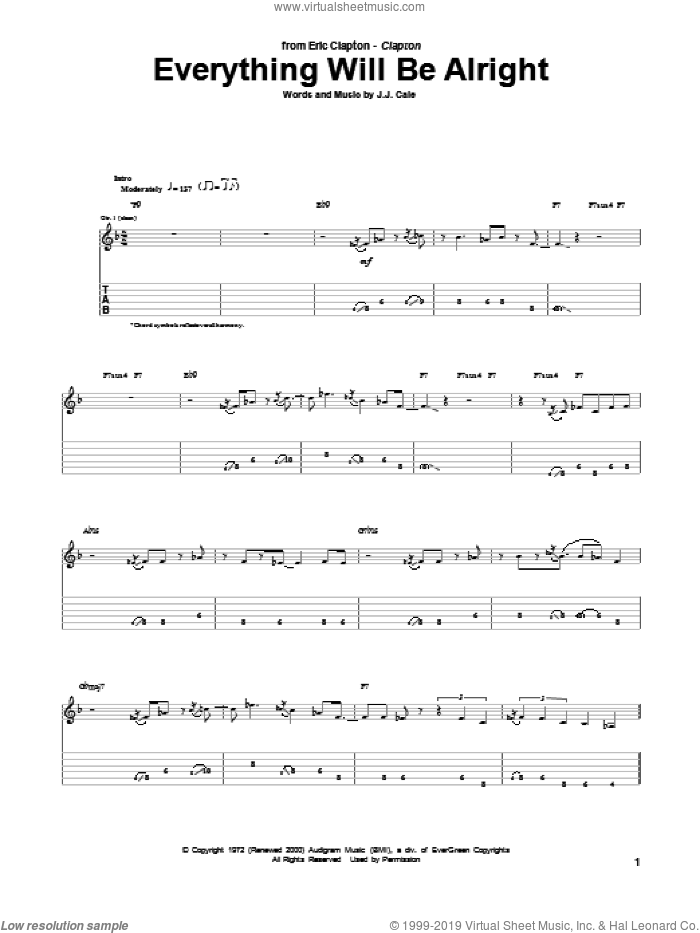 Everything Will Be Alright sheet music for guitar (tablature) by Eric Clapton and John Cale, intermediate skill level