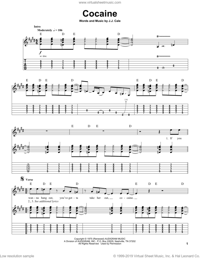 Cocaine sheet music for guitar (tablature, play-along) by Eric Clapton and John Cale, intermediate skill level