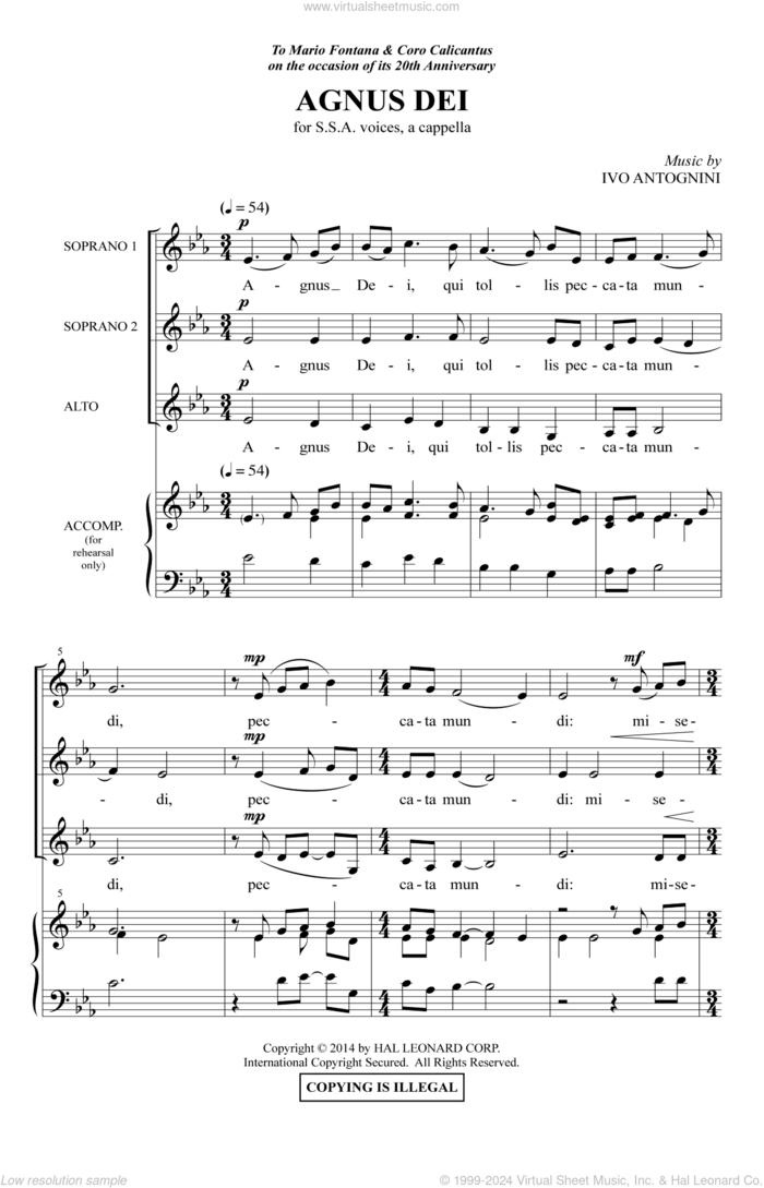 Agnus Dei sheet music for choir (SSA: soprano, alto) by Ivo Antognini, intermediate skill level
