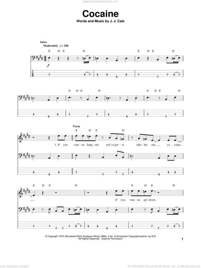 Cocaine sheet music for bass (tablature) (bass guitar) by Eric Clapton and John Cale, intermediate skill level