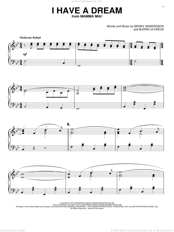 I Have A Dream, (intermediate) sheet music for piano solo by ABBA, Benny Andersson and Bjorn Ulvaeus, intermediate skill level