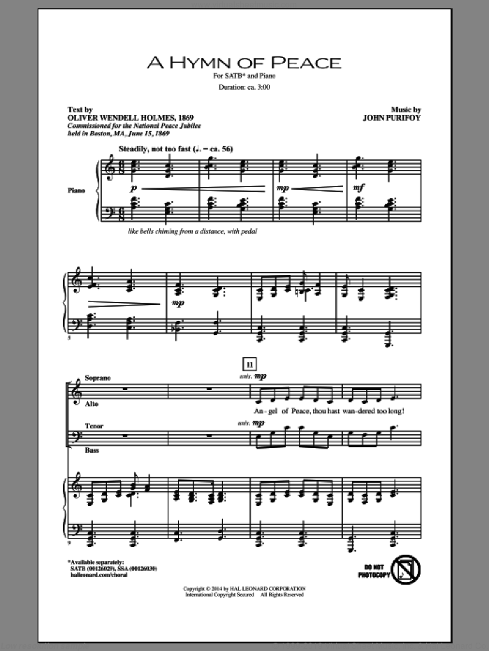 A Hymn Of Peace sheet music for choir (SATB: soprano, alto, tenor, bass) by John Purifoy and Oliver Wendell Holmes, intermediate skill level