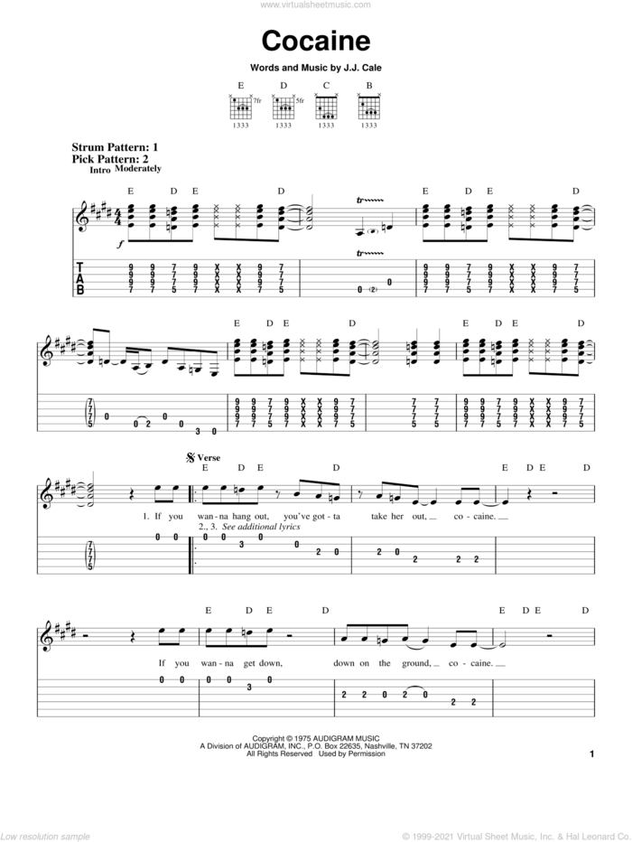 Cocaine sheet music for guitar solo (easy tablature) by Eric Clapton and John Cale, easy guitar (easy tablature)