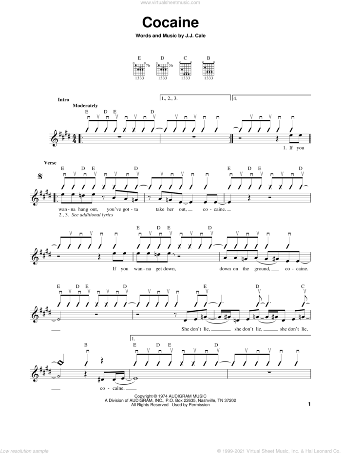 Cocaine sheet music for guitar solo (chords) by Eric Clapton and John Cale, easy guitar (chords)