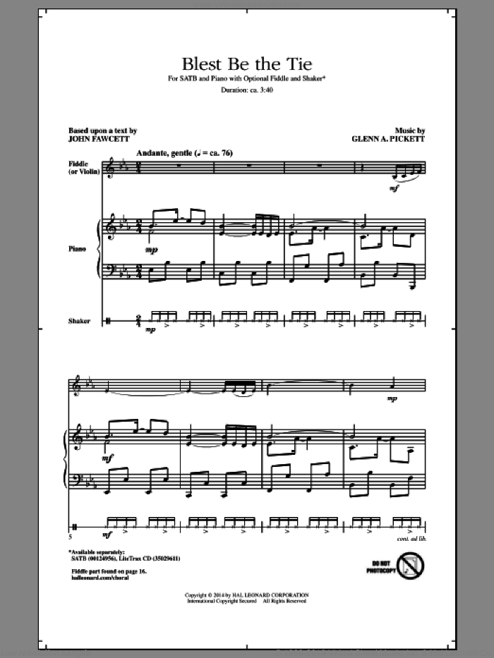 Blest Be The Tie sheet music for choir (SATB: soprano, alto, tenor, bass) by Glenn Pickett and John Fawcett, intermediate skill level
