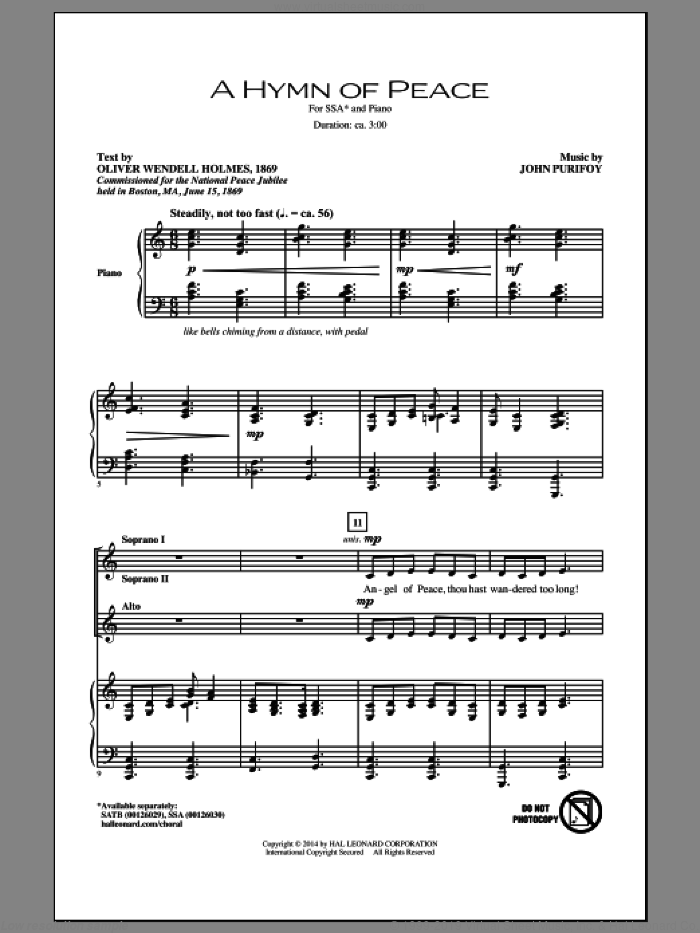 A Hymn Of Peace sheet music for choir (SSA: soprano, alto) by John Purifoy and Oliver Wendell Holmes, intermediate skill level