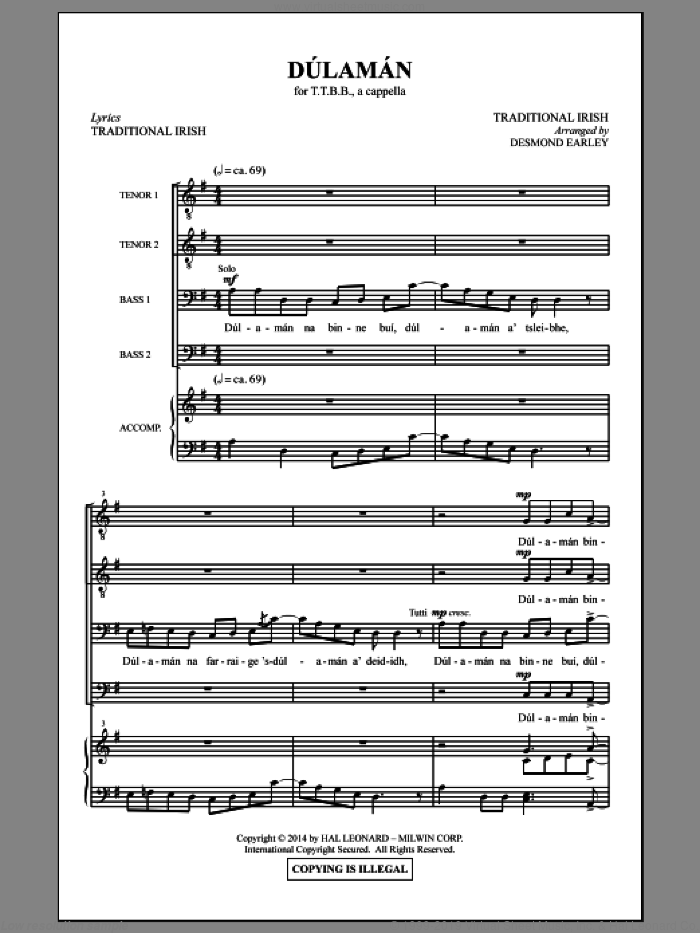 Dulaman sheet music for choir (TBB: tenor, bass) by Desmond Earley, intermediate skill level