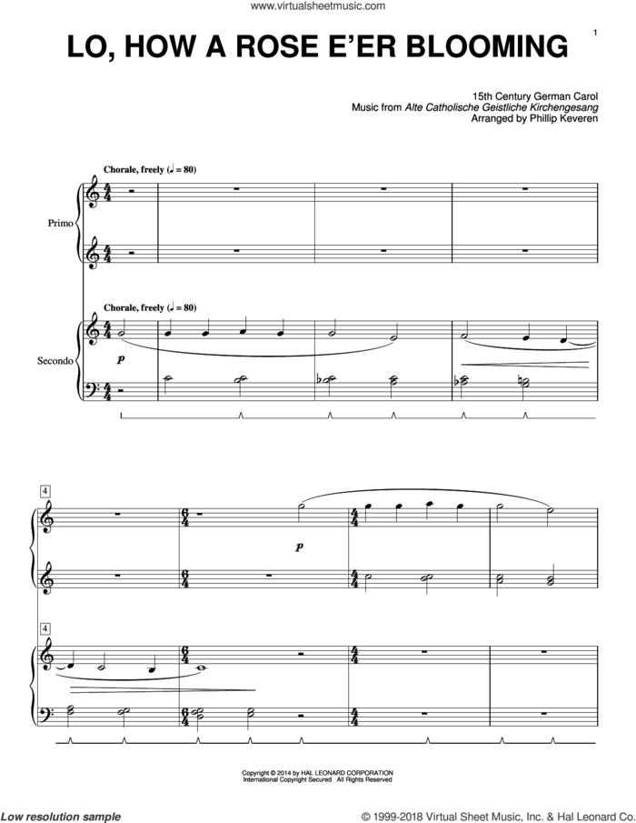 Lo, How A Rose E'er Blooming (arr. Phillip Keveren) sheet music for piano four hands by Phillip Keveren and Miscellaneous, intermediate skill level