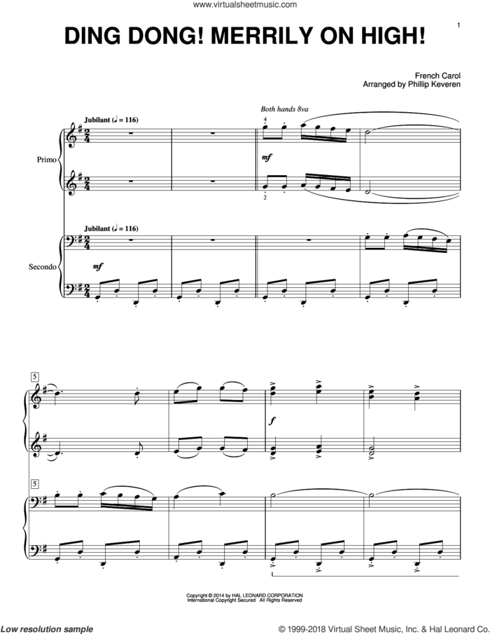 Ding Dong! Merrily On High! (arr. Phillip Keveren) sheet music for piano four hands by Phillip Keveren and Miscellaneous, intermediate skill level