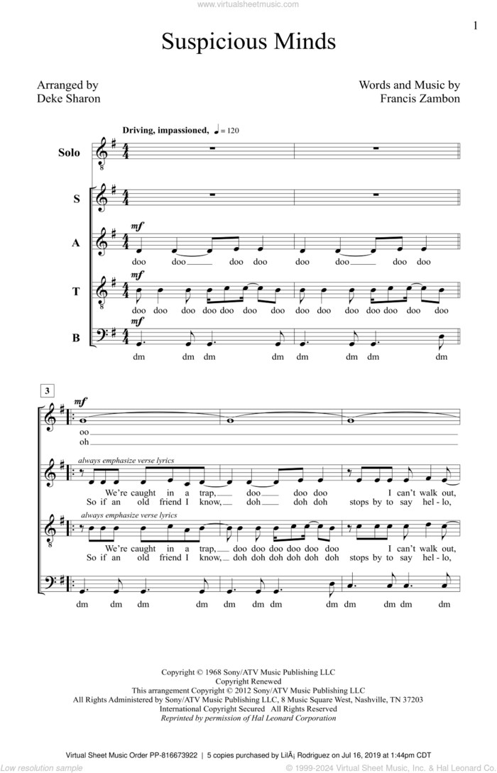 Suspicious Minds (arr. Deke Sharon) sheet music for choir (SATB: soprano, alto, tenor, bass) by Deke Sharon, Dwight Yoakam, Elvis Presley and Francis Zambon, intermediate skill level