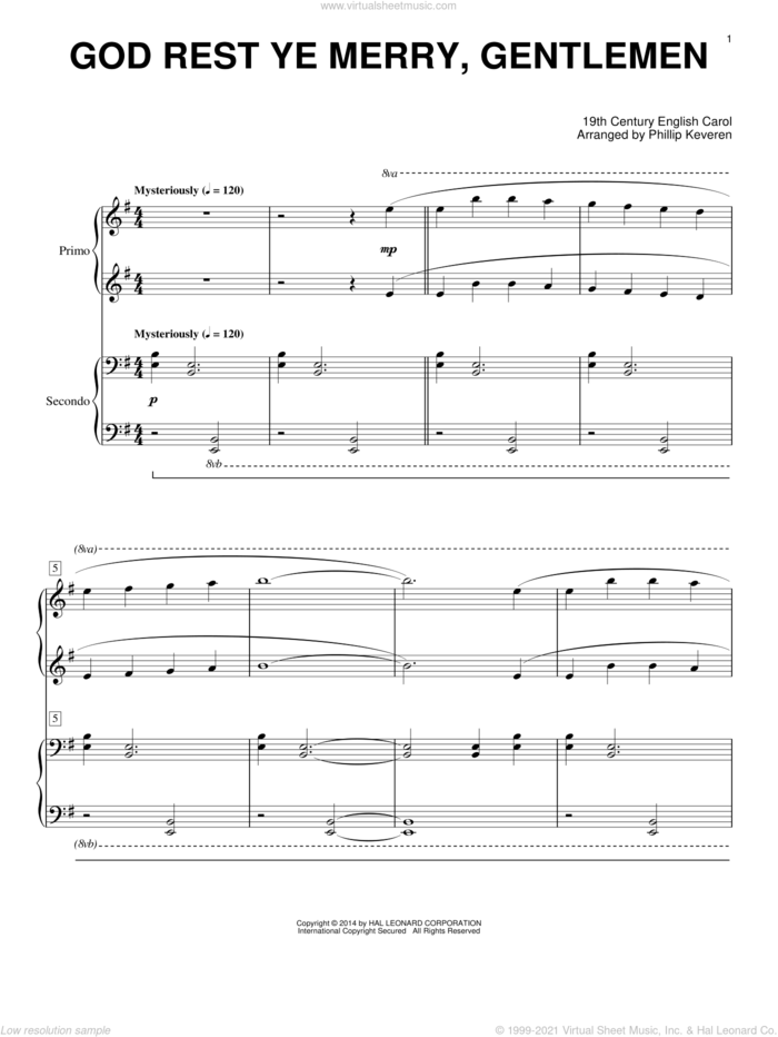 God Rest Ye Merry, Gentlemen (arr. Phillip Keveren) sheet music for piano four hands by Phillip Keveren and 19th Century English Carol, intermediate skill level