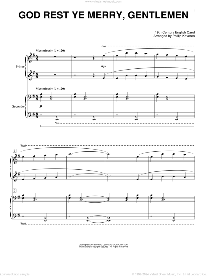 God Rest Ye Merry, Gentlemen (arr. Phillip Keveren) sheet music for piano four hands by Phillip Keveren and 19th Century English Carol, intermediate skill level