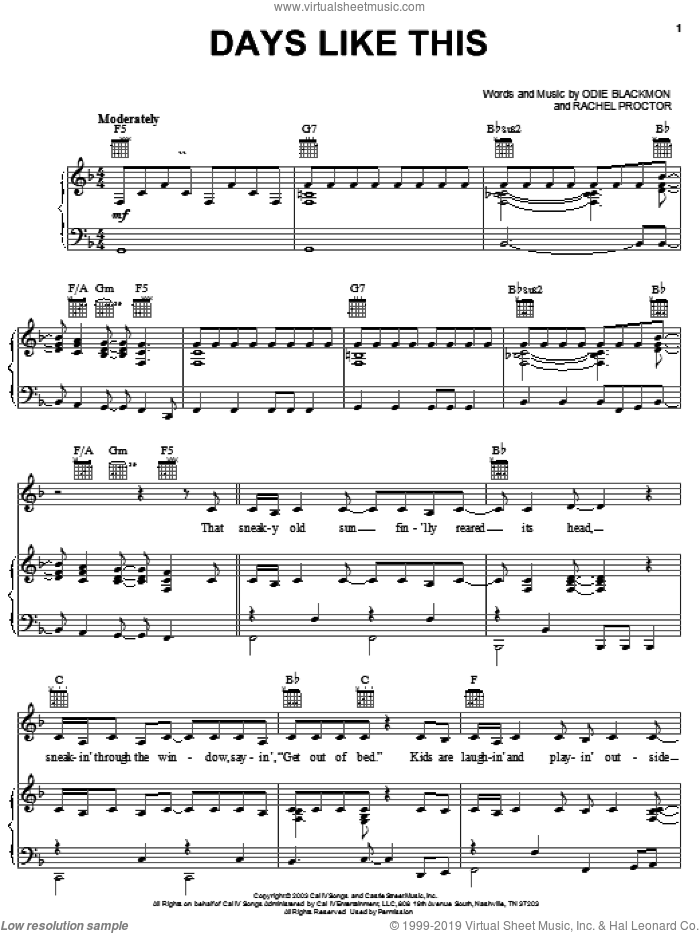 Days Like This sheet music for voice, piano or guitar by Rachel Proctor and Odie Blackmon, intermediate skill level