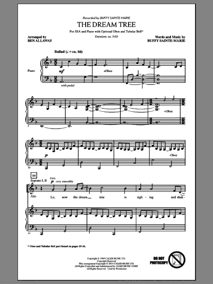 The Dream Tree sheet music for choir (SSA: soprano, alto) by Buffy Sainte-Marie and Ben Allaway, intermediate skill level