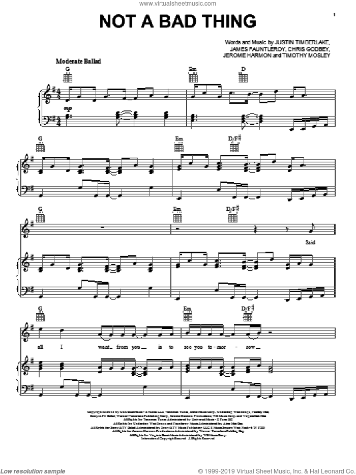Not A Bad Thing sheet music for voice, piano or guitar by Justin Timberlake, Chris Godbey, James Fauntleroy, Jerome Harmon and Tim Mosley, intermediate skill level