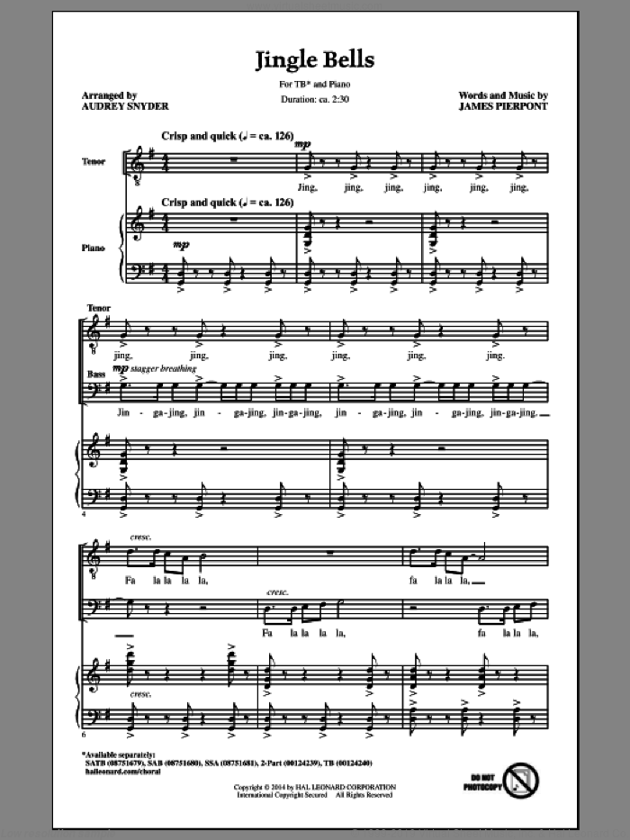 Jingle Bells sheet music for choir (TB: tenor, bass) by Audrey Snyder and James Pierpont, intermediate skill level