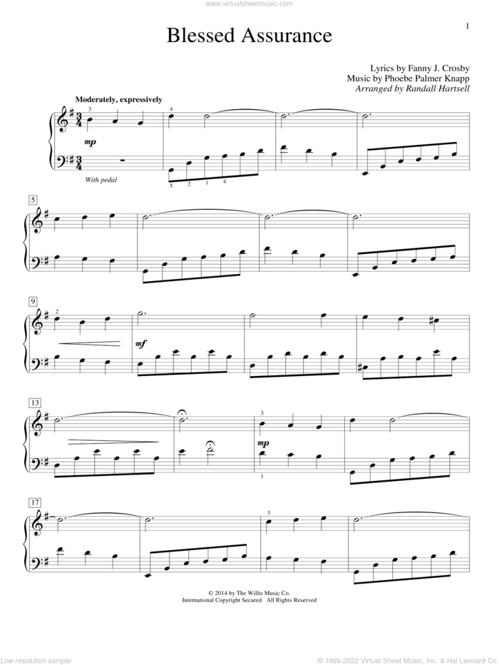 Blessed Assurance sheet music for piano solo (elementary) by Randall Hartsell, Fanny J. Crosby and Phoebe Palmer Knapp, beginner piano (elementary)