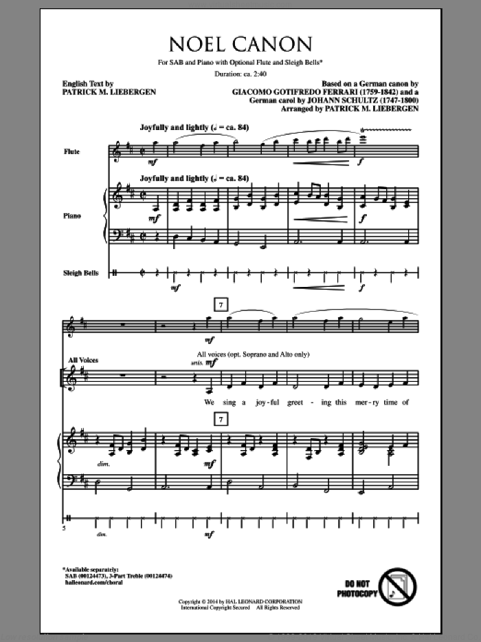 Noel Canon sheet music for choir (SAB: soprano, alto, bass) by Patrick Liebergen, Giocamo Gotifredo Ferrari and Johann Schultz, intermediate skill level