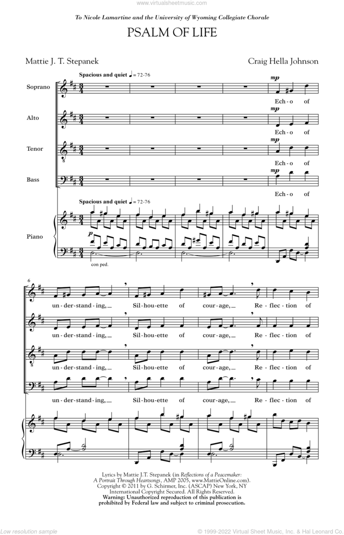 Psalm Of Life sheet music for choir (SATB: soprano, alto, tenor, bass) by Craig Hella Johnson and Mattie J.T. Stepanek, intermediate skill level