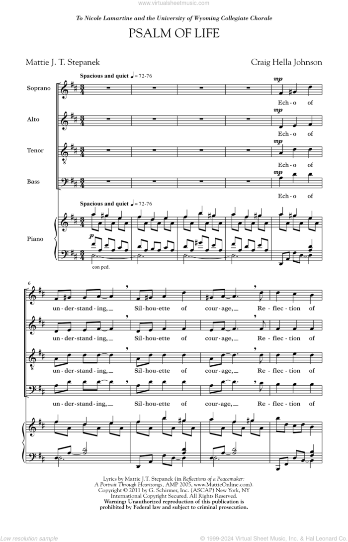 Psalm Of Life sheet music for choir (SATB: soprano, alto, tenor, bass) by Craig Hella Johnson and Mattie J.T. Stepanek, intermediate skill level