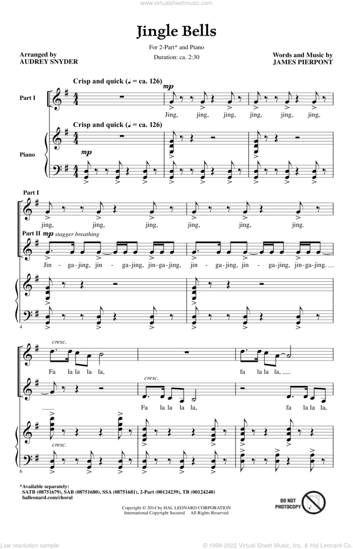 Jingle Bells sheet music for choir (2-Part) by Audrey Snyder and James Pierpont, intermediate duet