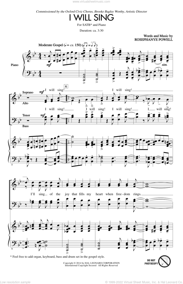 I Will Sing sheet music for choir (SATB: soprano, alto, tenor, bass) by Rosephanye Powell, intermediate skill level
