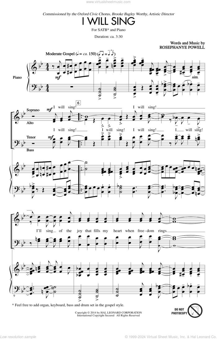 I Will Sing sheet music for choir (SATB: soprano, alto, tenor, bass) by Rosephanye Powell, intermediate skill level