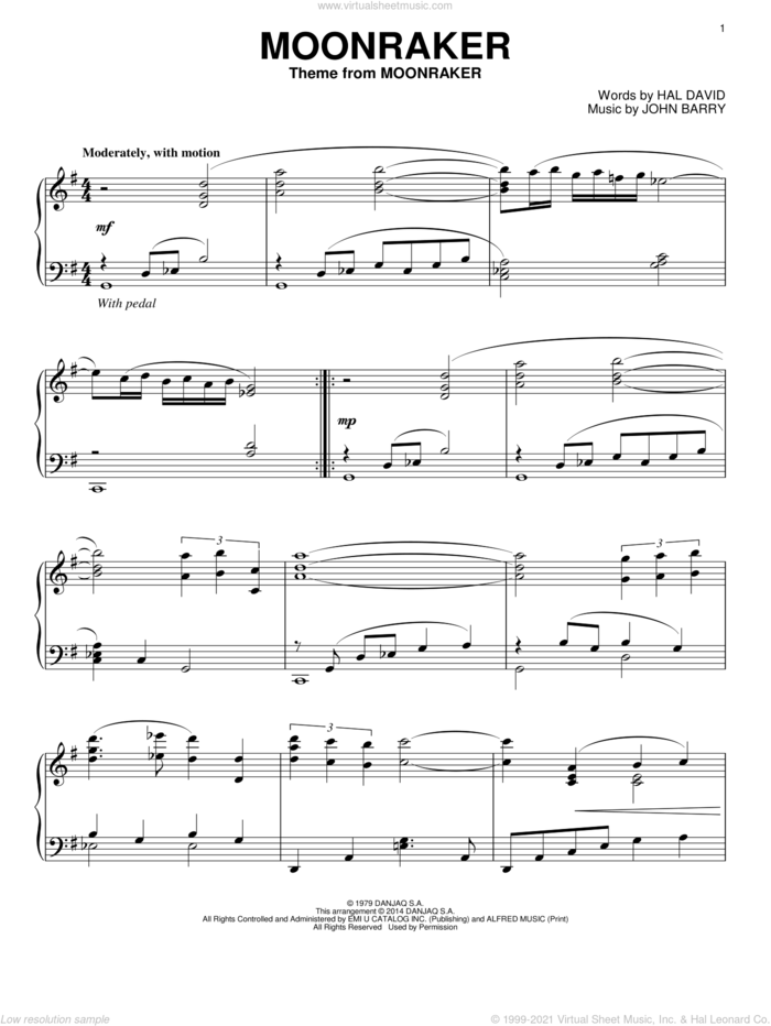 Moonraker, (intermediate) sheet music for piano solo by Shirley Bassey, Hal David and John Barry, intermediate skill level