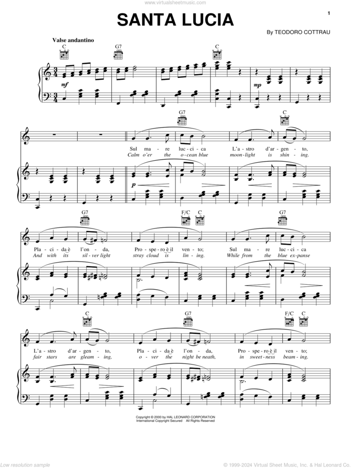 Santa Lucia sheet music for voice, piano or guitar by Teodoro Cottrau, intermediate skill level