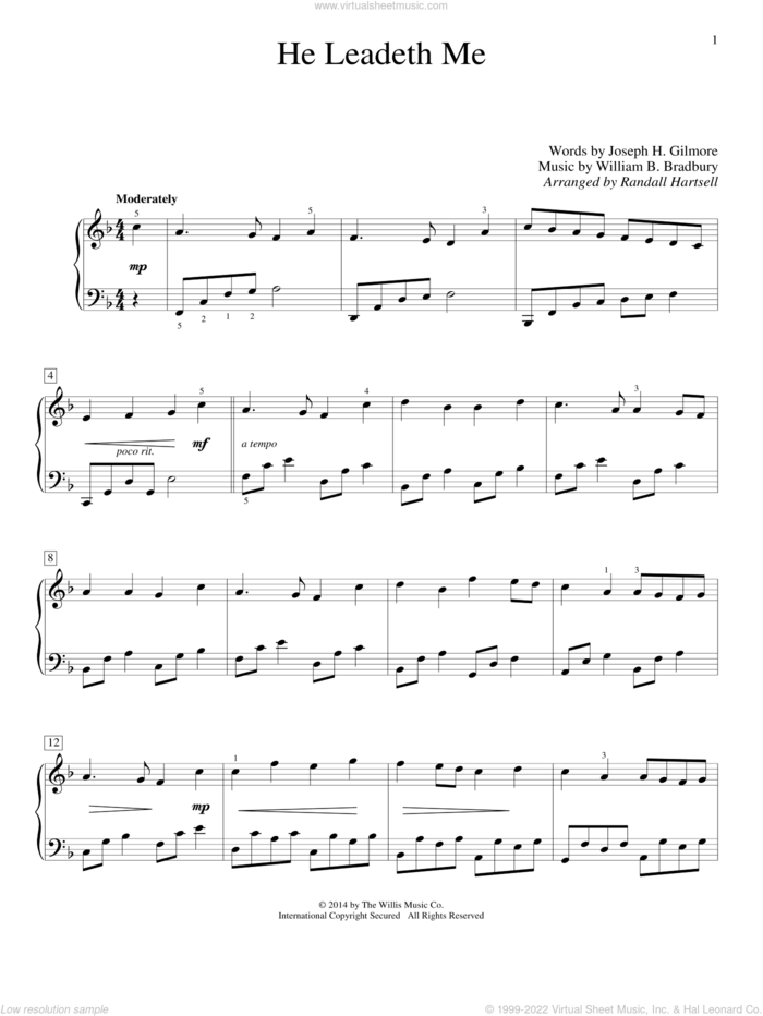 He Leadeth Me sheet music for piano solo (elementary) by Randall Hartsell, Joseph H. Gilmore and William B. Bradbury, beginner piano (elementary)