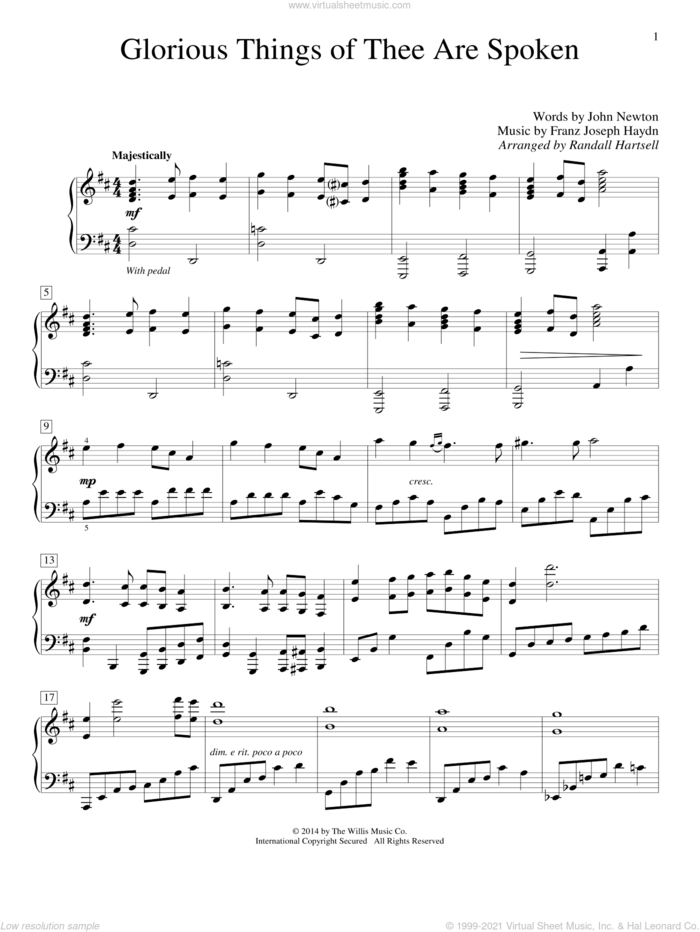 Glorious Things Of Thee Are Spoken sheet music for piano solo (elementary) by Franz Joseph Haydn, John Newton and Randall Hartsell, beginner piano (elementary)