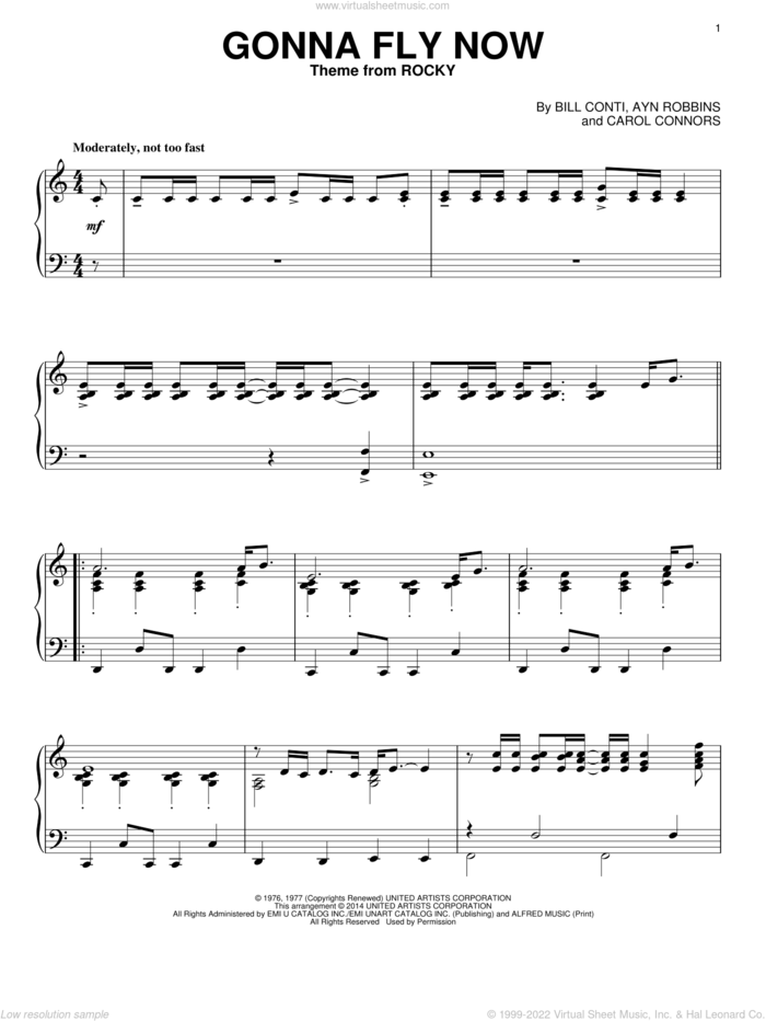 Gonna Fly Now (Theme from Rocky) sheet music for piano solo by Bill Conti, Ayn Robbins and Carol Connors, intermediate skill level