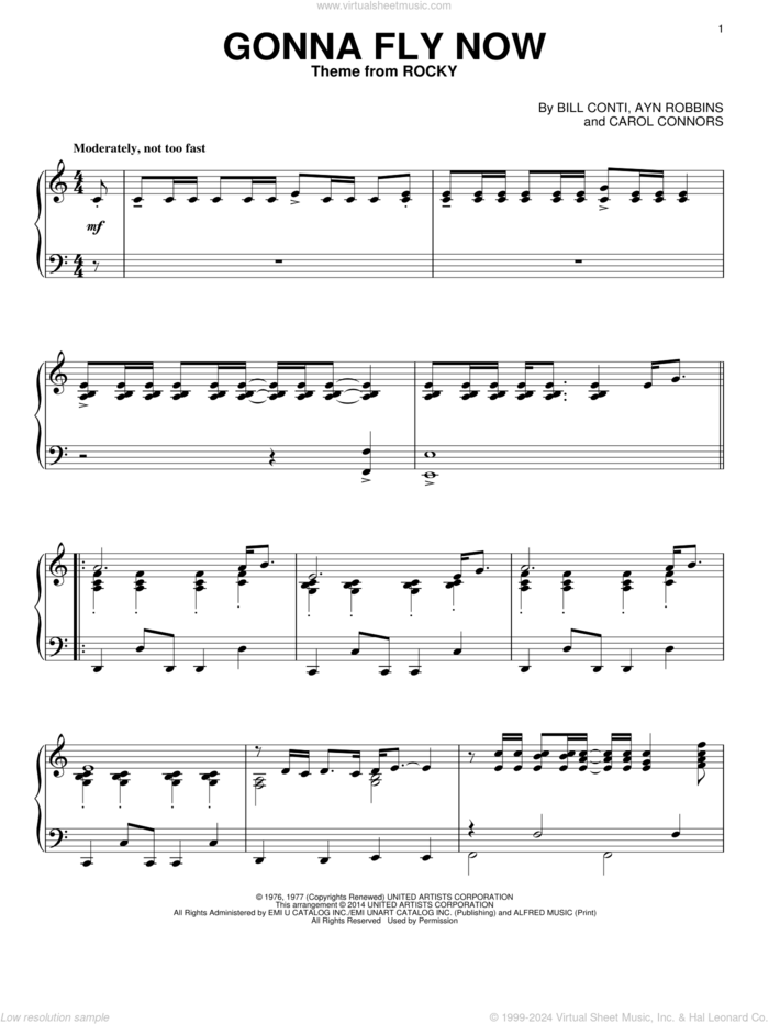 Gonna Fly Now (Theme from Rocky) sheet music for piano solo by Bill Conti, Ayn Robbins and Carol Connors, intermediate skill level