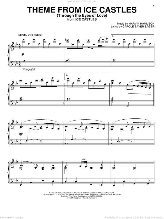 Theme From Ice Castles (Through The Eyes Of Love), (intermediate) sheet music for piano solo by Carole Bayer Sager and Marvin Hamlisch, intermediate skill level
