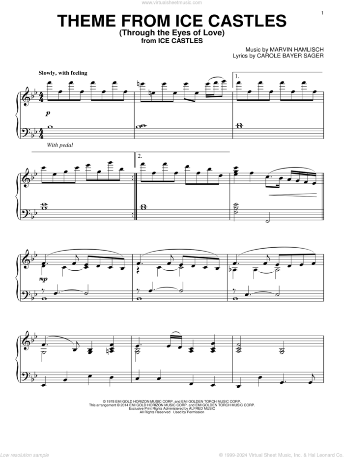 Theme From Ice Castles (Through The Eyes Of Love), (intermediate) sheet music for piano solo by Carole Bayer Sager and Marvin Hamlisch, intermediate skill level