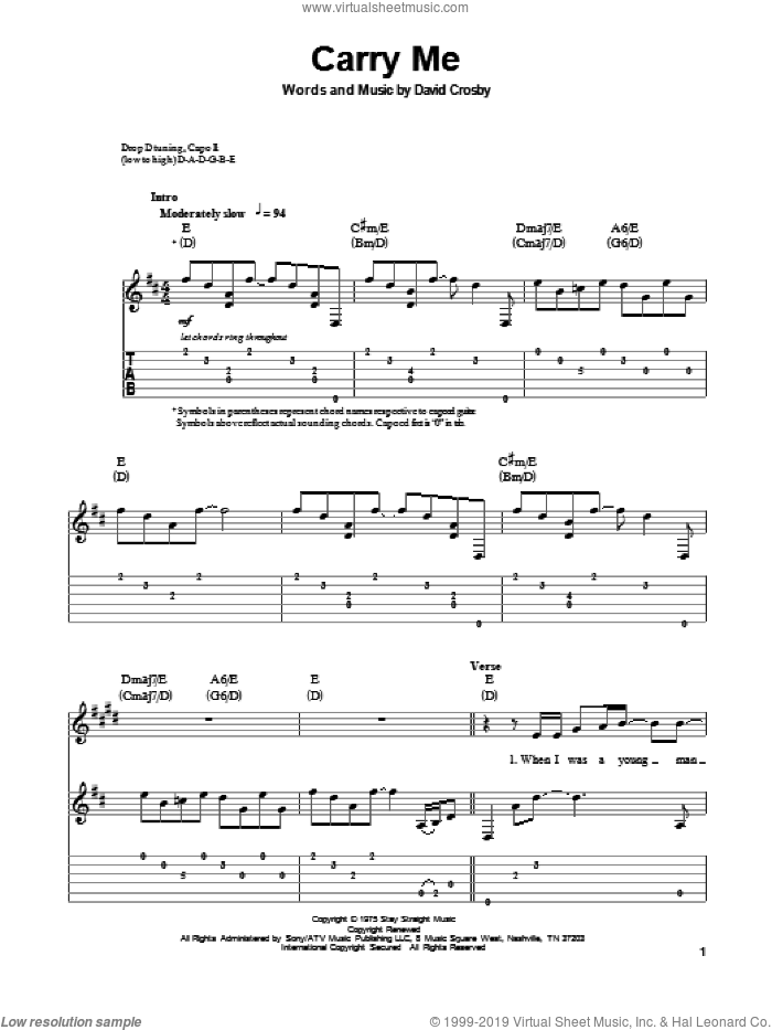 Carry Me sheet music for guitar (tablature, play-along) by Crosby, Stills & Nash and David Crosby, intermediate skill level
