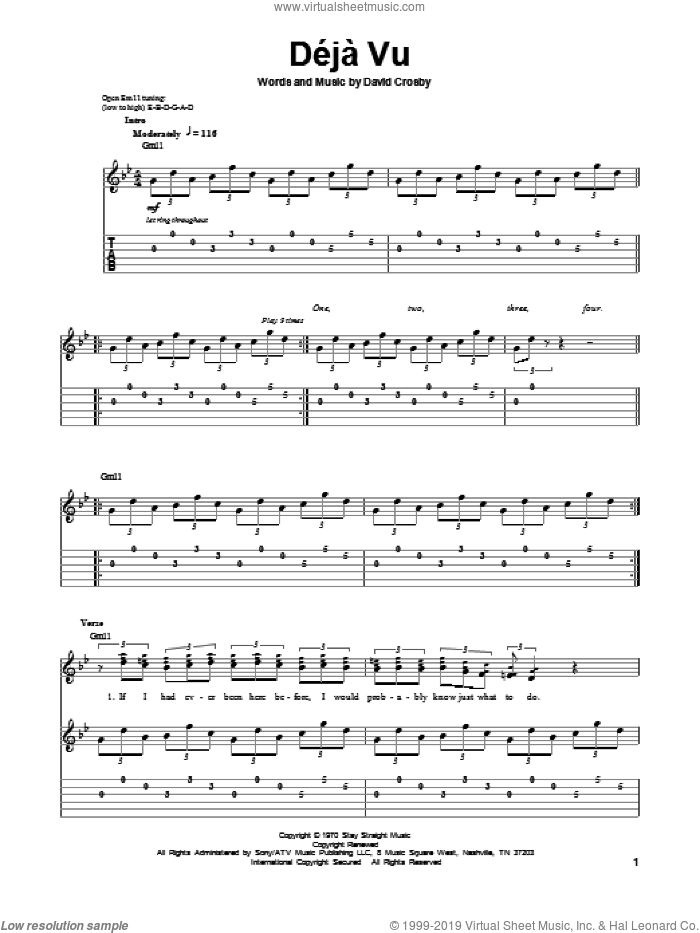 Deja Vu sheet music for guitar (tablature, play-along) by Crosby, Stills & Nash and David Crosby, intermediate skill level