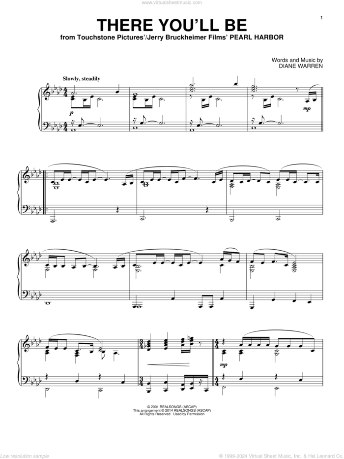 There You'll Be sheet music for piano solo by Faith Hill and Diane Warren, intermediate skill level