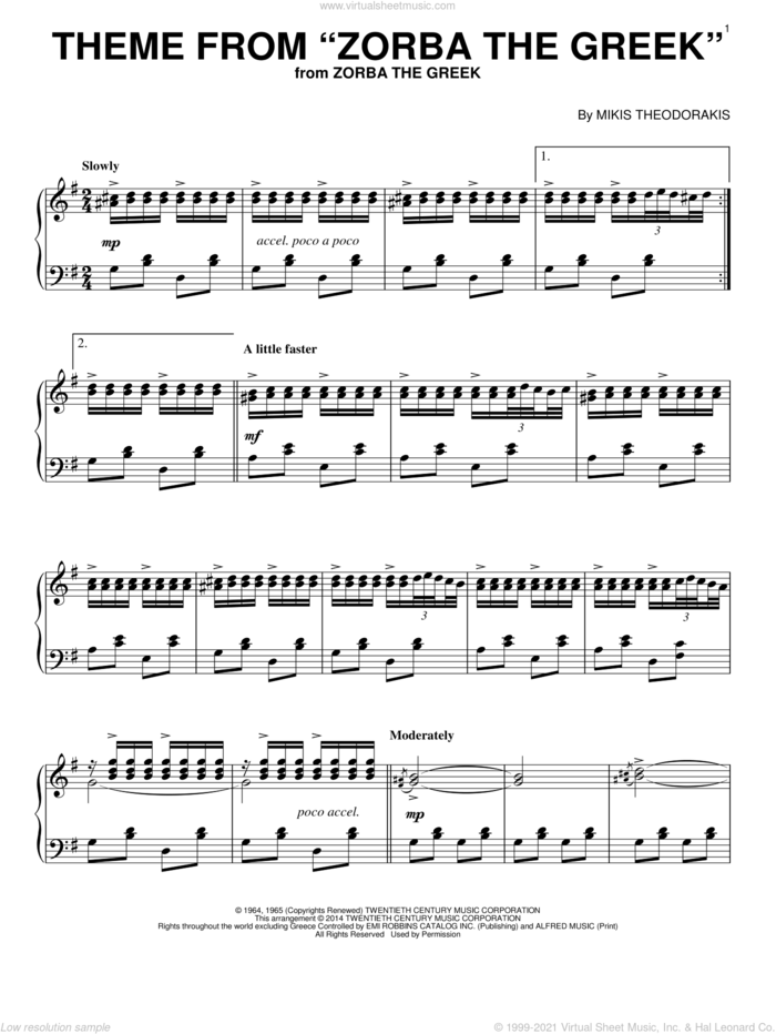 Theme From 'Zorba The Greek' sheet music for piano solo by Herb Alpert and Mikis Theodorakis, intermediate skill level