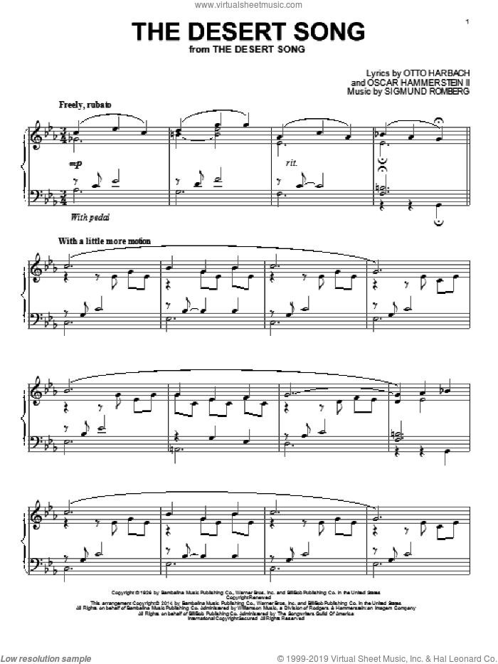 The Desert Song sheet music for piano solo by Otto Harbach, Oscar II Hammerstein and Sigmund Romberg, intermediate skill level