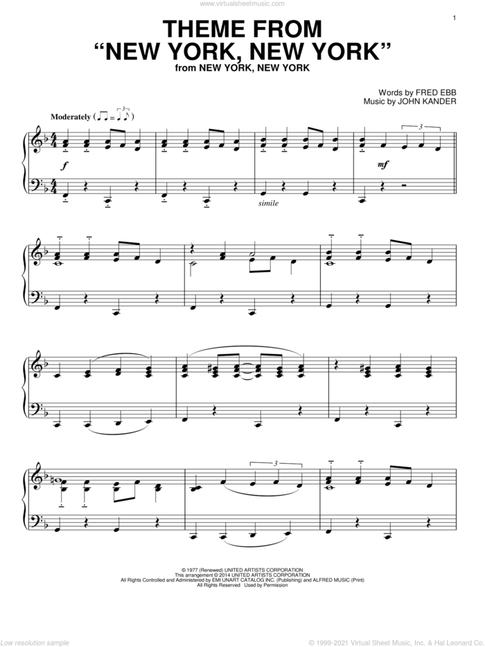 Theme From 'New York, New York', (intermediate) sheet music for piano solo by Frank Sinatra, Fred Ebb and John Kander, intermediate skill level
