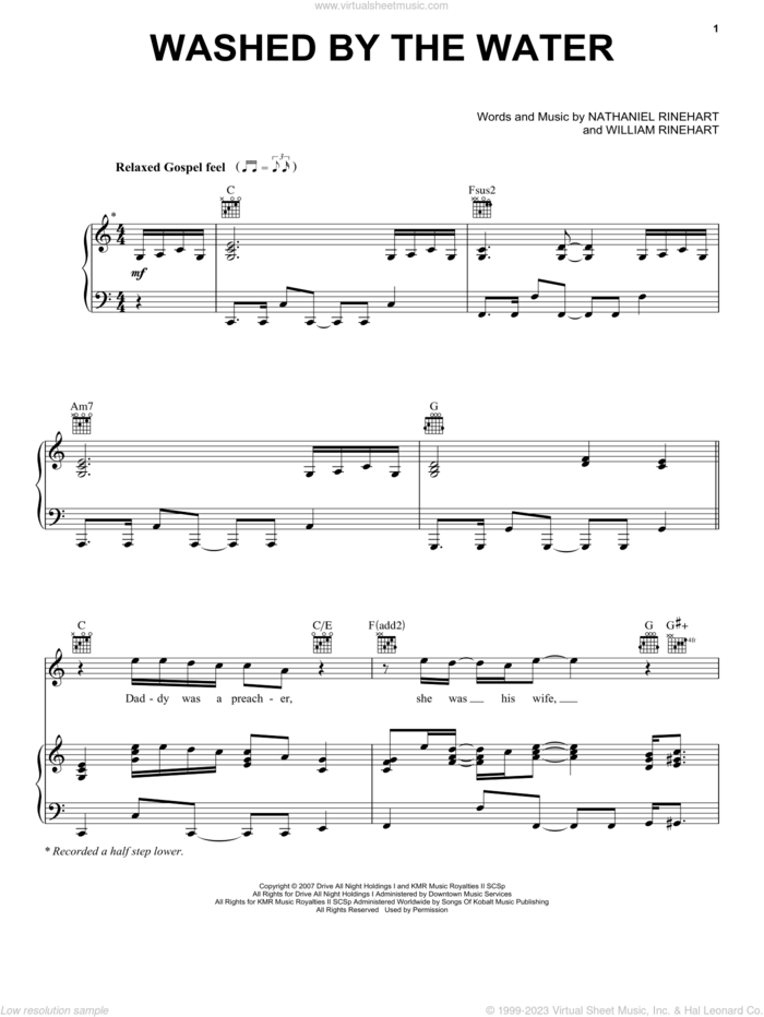 Washed By The Water sheet music for voice, piano or guitar by NEEDTOBREATHE, Nathaniel Rinehart and William Rinehart, intermediate skill level