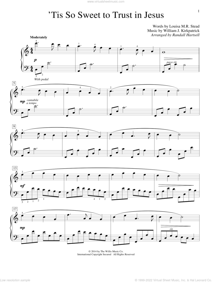 'Tis So Sweet To Trust In Jesus sheet music for piano solo (elementary) by William J. Kirkpatrick, Louisa M.R. Stead and Randall Hartsell, beginner piano (elementary)