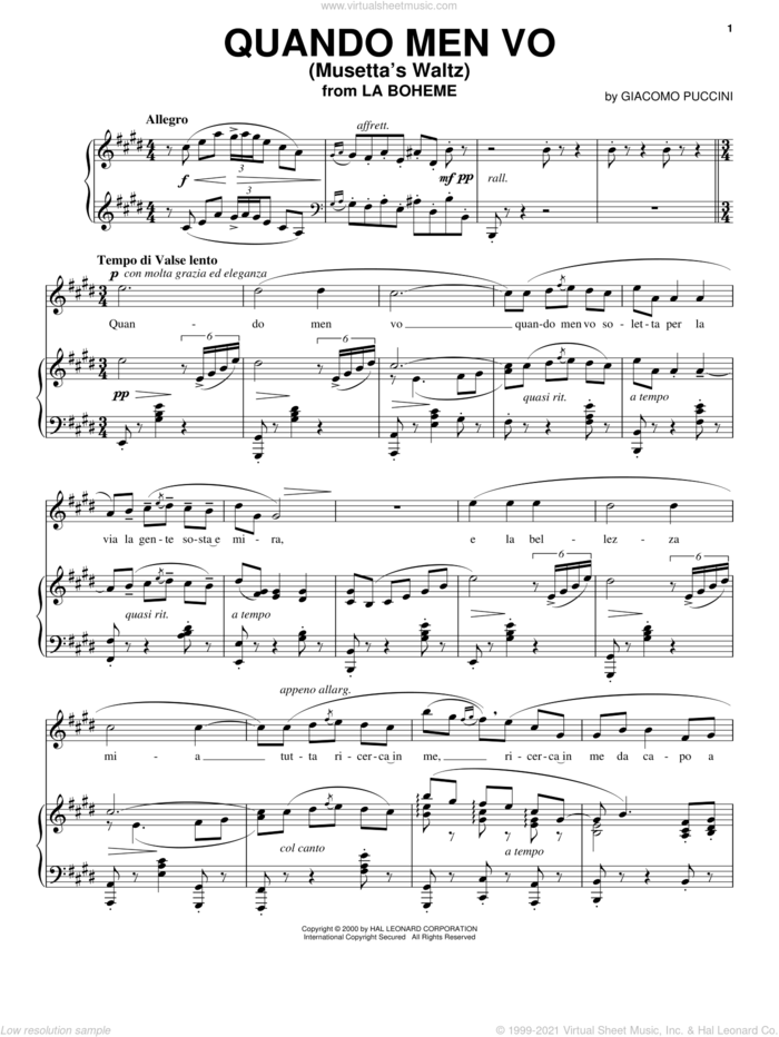 Quando Men Vo (Musetta's Waltz) sheet music for voice and piano by Giacomo Puccini, classical score, intermediate skill level