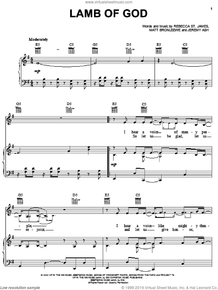 Lamb Of God sheet music for voice, piano or guitar by Rebecca St. James, Jeremy Ash and Matt Bronleewe, intermediate skill level